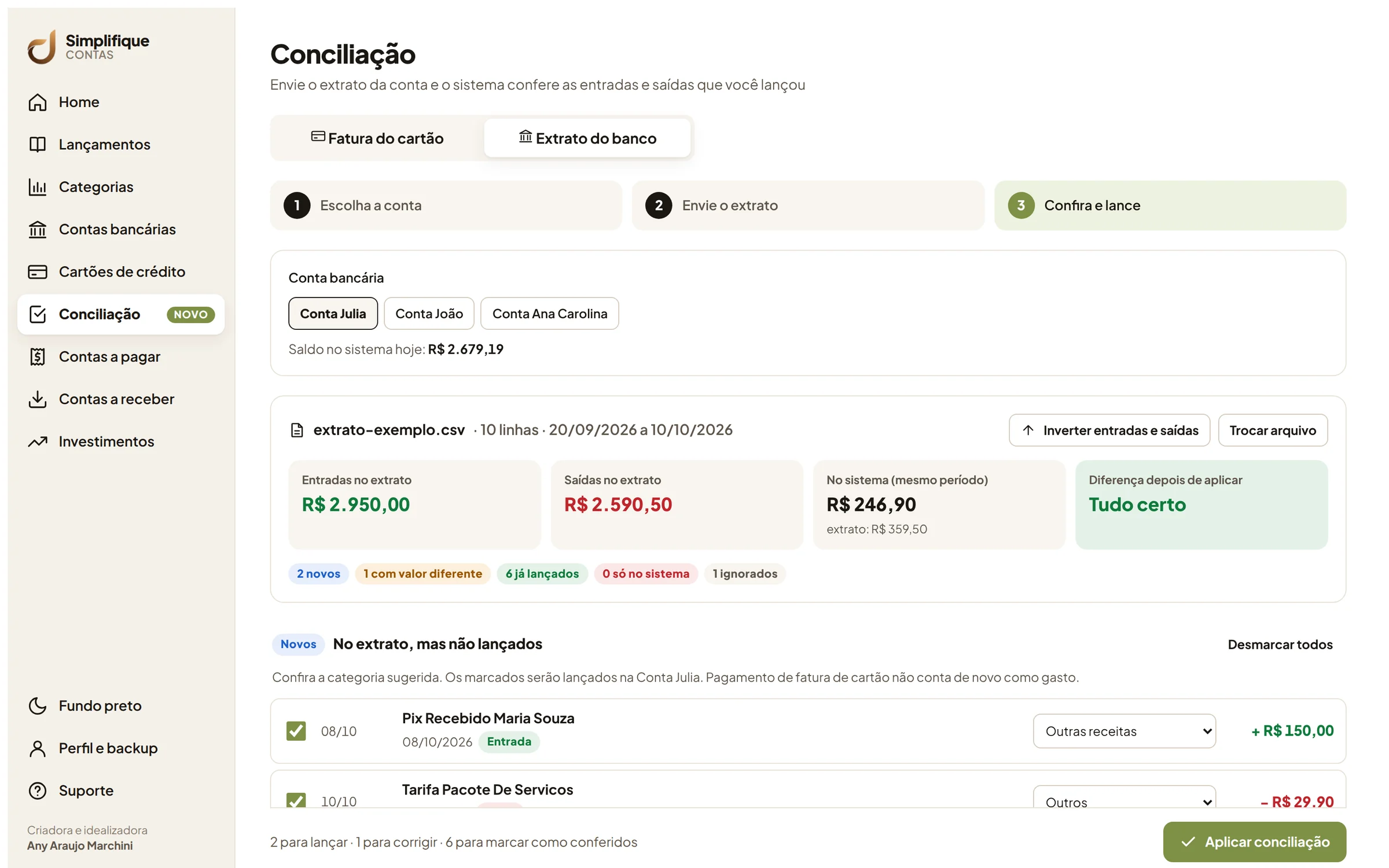 Conciliação do extrato do banco: entradas e saídas comparadas com o que foi lançado