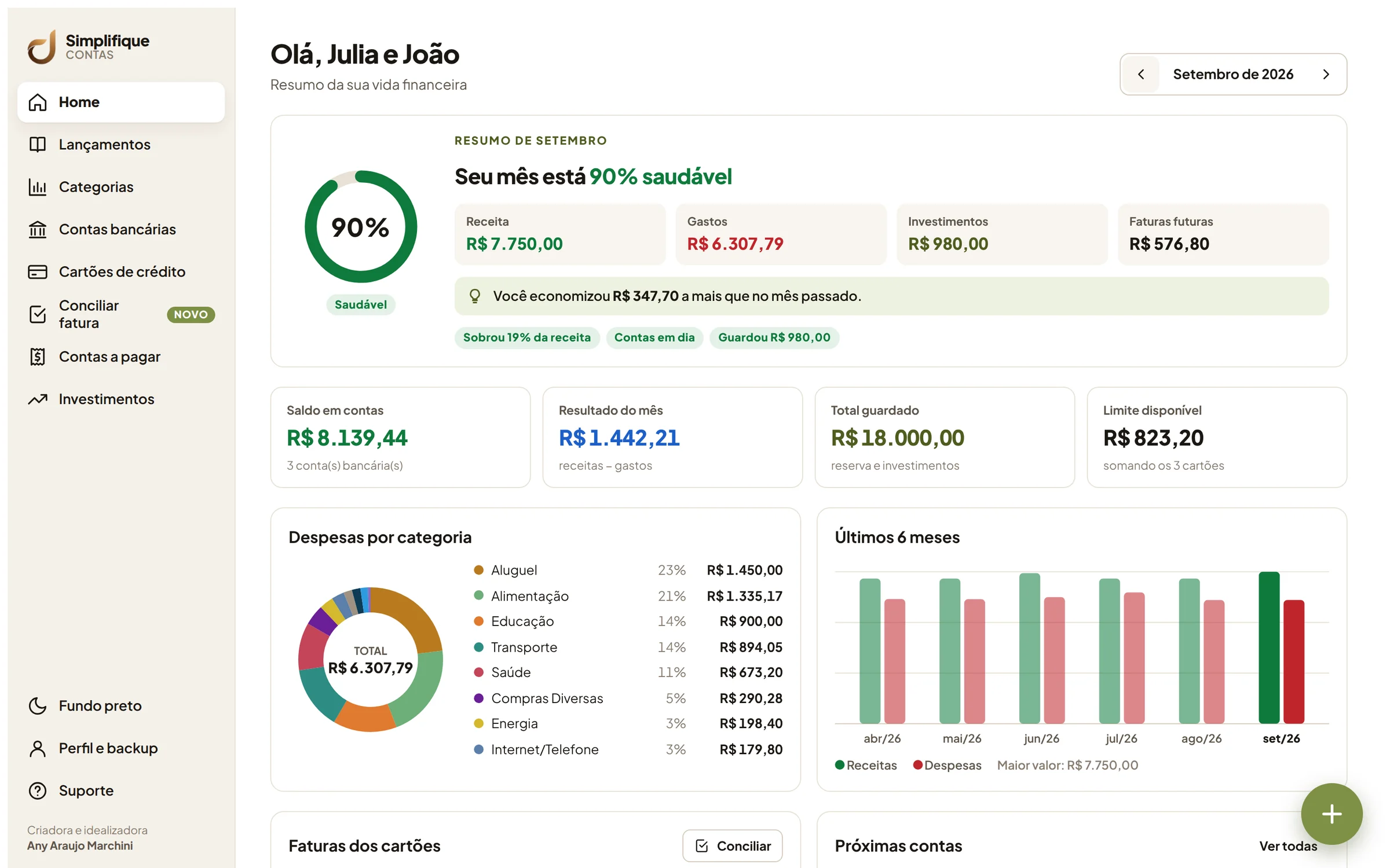 Painel do Simplifique Contas com saldo, receitas, despesas, gráfico por categoria e faturas dos cartões