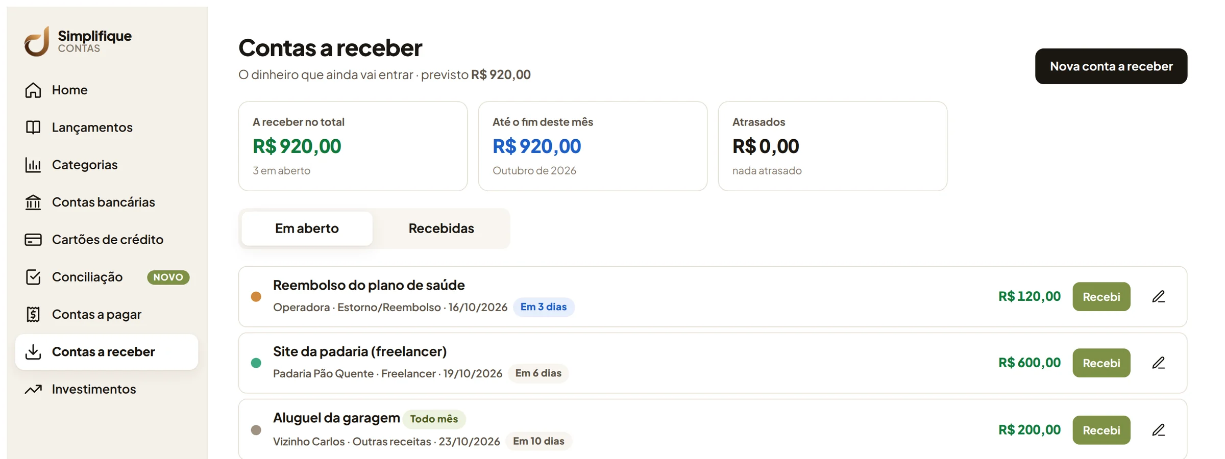 Tela de Contas a receber com total previsto, valores do mês e atrasados